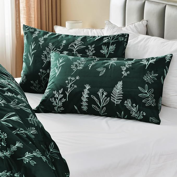 MUXHOMO Duvet Cover Twin/Twin XL Size Set, Reversible Floral Forest Green Duvet Cover with Zipper Closure, 2 Pieces Botanical Patterns Soft Microfiber Bedding Set with 4 Ties (68"x90", 1 Pillow Case)