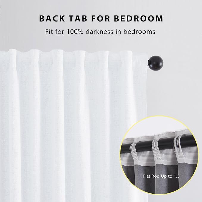 Deconovo 100% Blackout Curtains for Bedroom, Linen Textured Thermal Insulated Drapes with 20 Clip Rings, Noise Reducing Curtains for Nursery, Set of 2, White, 52" W x 96" L, 2 Panels