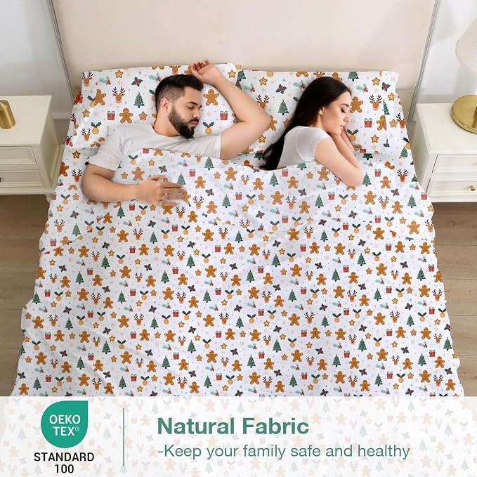 Softan Christmas Holiday Microfiber King Sheet Set with Non-Slip Straps | 15" Deep Pocket Fitted Bed Sheets, Printed Sheets, Christmas Gathering Pattern, Cozy Sheets & Pillowcase Set for All Season