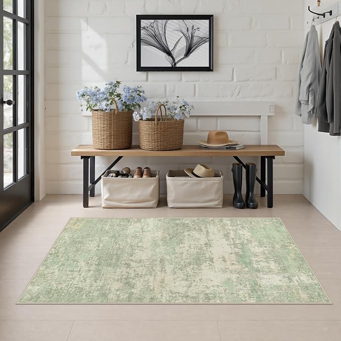 Area Rug Living Room: 3x5 Modern Washable Soft Carpet Green Cream | For Hallway, Bedroom, Kitchen, Laundry, Bathroom,Door Mat,Modern Abstract,Machine washable,Non-Slip,Stain Resistant,Indoor
