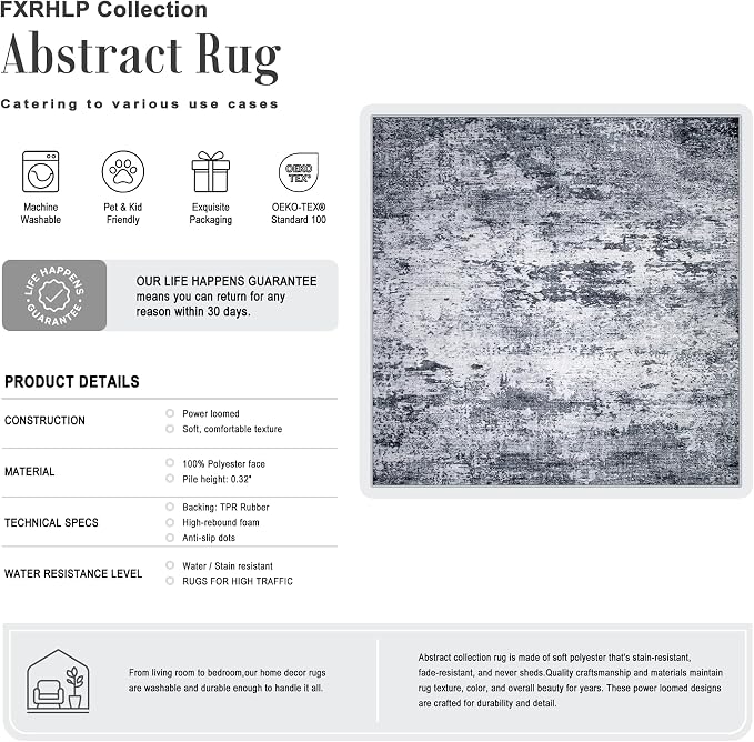 Area Rug Living Room: 6x6 Modern Washable Indoor Soft Carpet Grey | For Bedroom Dining Room Farmhouse Nursery Hallway Office,Modern Abstract,Machine washable,Non-Slip,Stain Resistant,Indoor