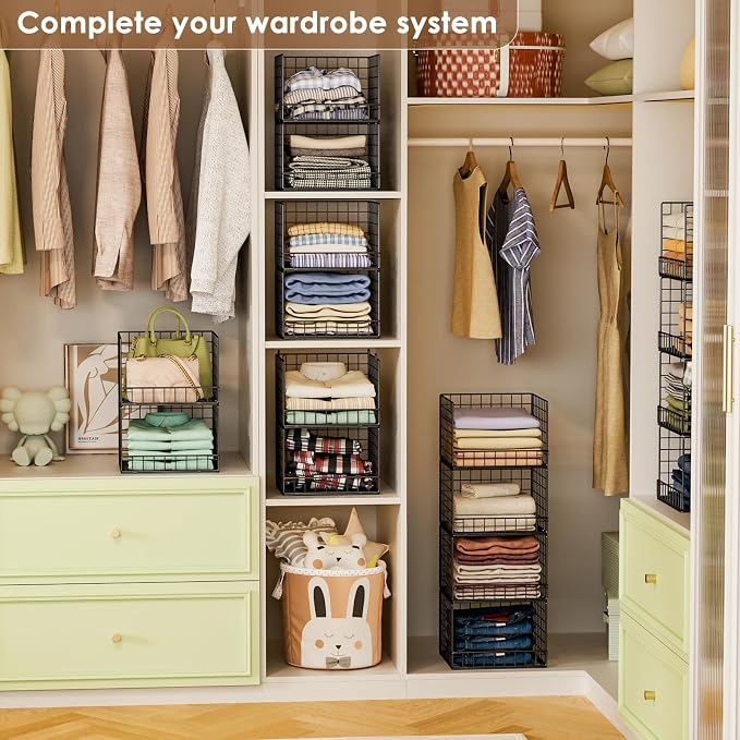 Stackable Closet Organizers and Storage Baskets, 4-Tier Closet Shelf Organizer , Space-Saving Clothes Storage Drawer, Foldable Clothes Storage Bins for Closet Organizer System, Black(Patent 30022416)