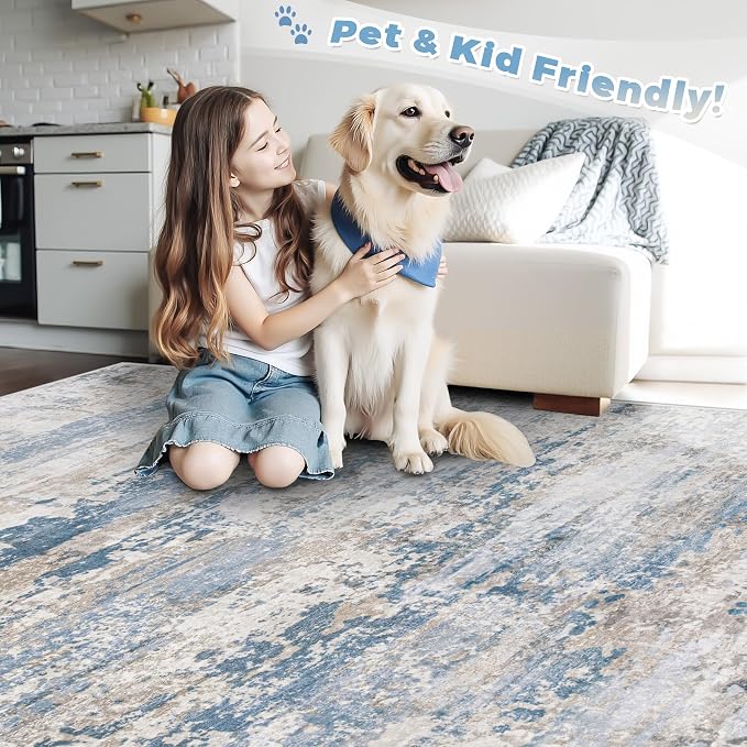 pmtsns Area Rugs 9x12 for Living Room: Washable Rug Modern Abstract Neutral Soft Non-Slip Low-Pile Indoor Large Carpet for Bedroom Dining Room Playroom Home Office (Light Blue Brown, 9'x12')