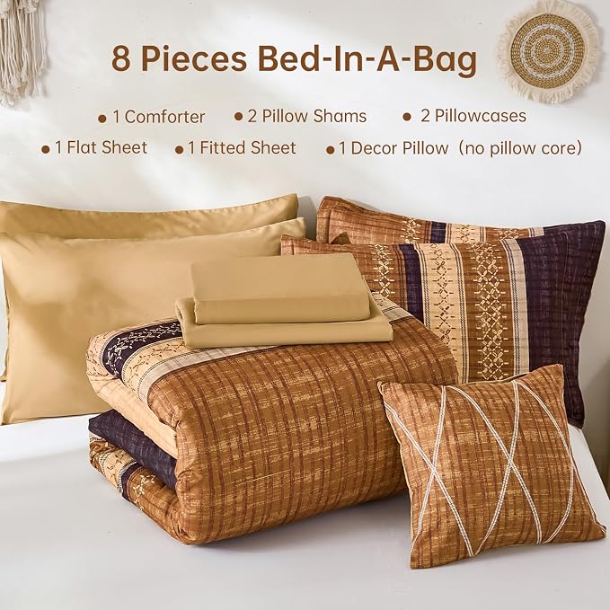 Dintszyayue Boho King Comforter Size Set, 8 Pieces Striped Texture Gold Purple Bed in a Bag Sets, Lightweight Soft Bohemian Comforter and Sheet Set, All Season Microfiber Bedding Sets for Men Women