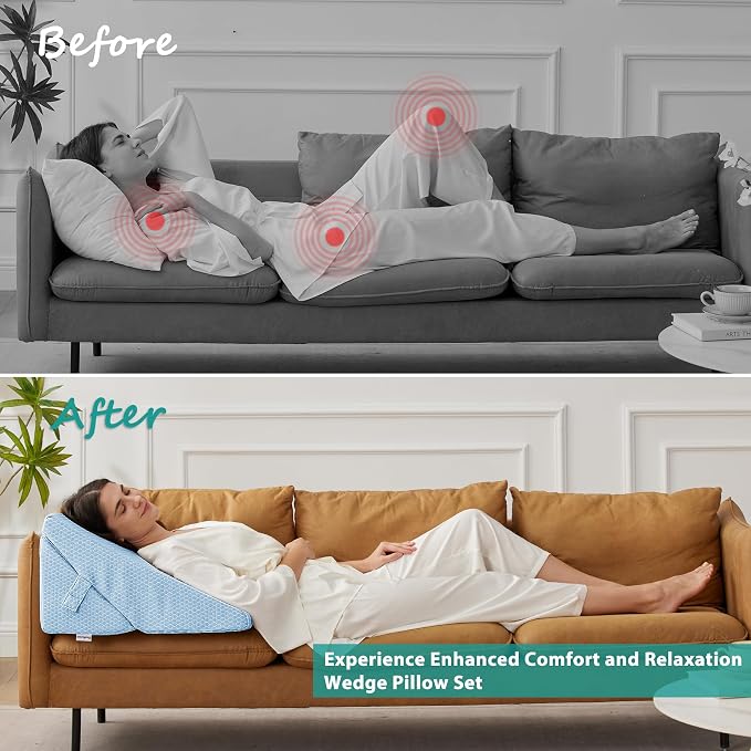 Wedge Pillow for Sleeping, Adjustable 9&12 Inch Foldable Bed Wedge Pillow Set, Orthopedic Memory Foam Triangle Pillows Wedge, 7-in-1 Elevated Pillows for Leg and Back Support, Light Blue