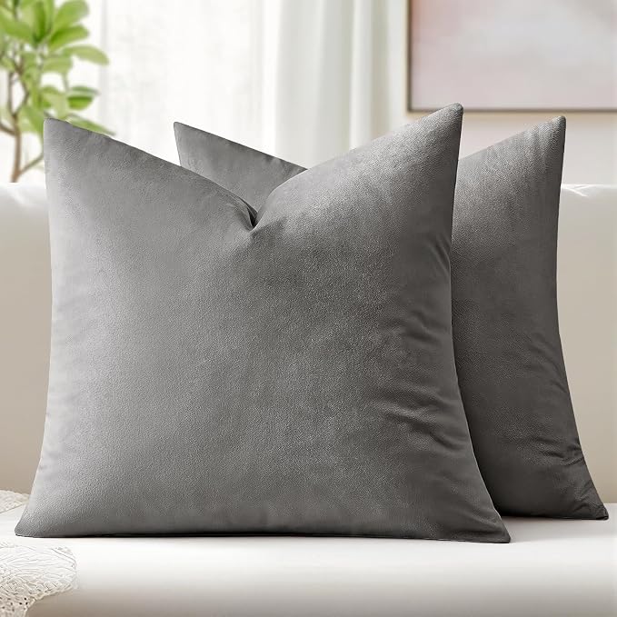 MIULEE 24x24 Inch Pack of 2 Euro Velvet Throw Pillow Covers Grey | Soft Solid Decorative Euro Sham, Modern Luxury Home Decor, for King Bed Sofa Couch Bedroom Livingroom