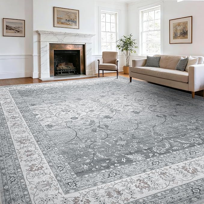 AMADA HOMEFURNISHING 9x12 Area Rugs, Washable Living Room Rug with Non-Slip Backing, Low Pile and Durable Edge Binding, Soft Vintage Floral Rugs for Living Room, Bedroom, Dining Room
