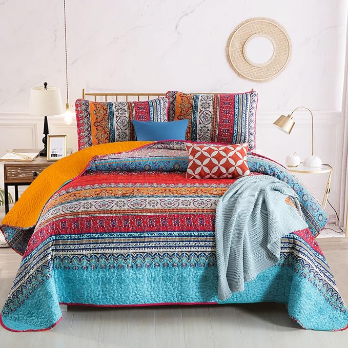 WONGS BEDDING Boho Quilt King Size,3 Pcs Bedspread Set, Orange and Blue | Colorful Bohemian Striped Printed Bedding for All Season, Lightweight Microfiber Coverlet Set with 2 Pillowcases(104"x90")