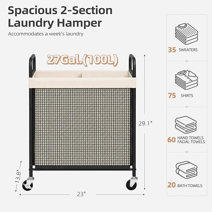 STORAGE MANIAC Rolling Laundry Hamper with Wheels 2-Section Laundry Sorter Rolling Laundrys Basket on Wheels with Removable Bag Clothes Hamper Laundrys Organizer Cart Bathroom Bedroom 100L Beige