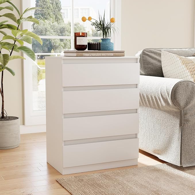 Vibe & Dine 4 Drawer Dresser, Modern Chest of Drawers Without Handle, Wooden Tall Nightstand for Bedroom, White