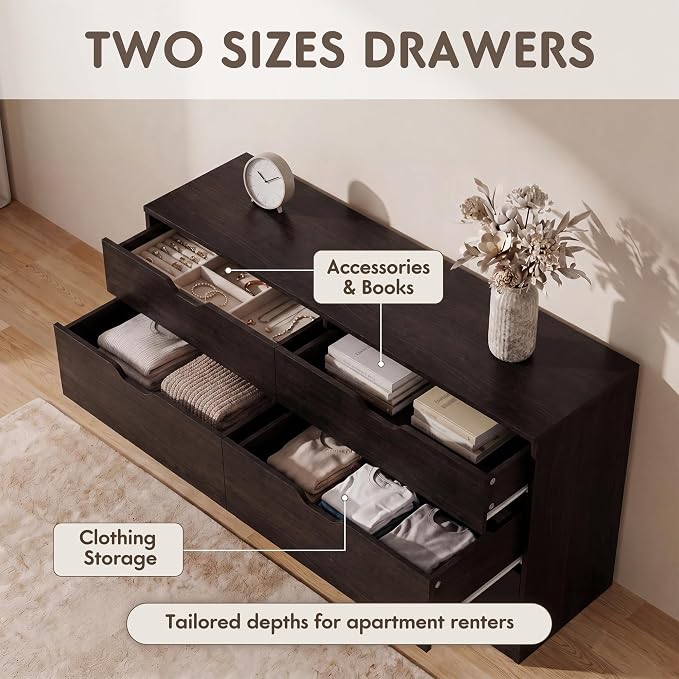 YESHOMY Dresser for Bedroom, 47.2" Modern Wood Chest with 6 Drawers | Two Drawer Sizes, Anti-Tip, Storage Cabinet & TV Stand for Living Room, Closet, Entryway, Brown