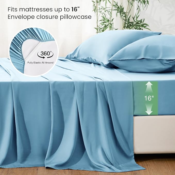 Love's cabin 4 Piece Full Size Sheet Set, 100% Rayon Derived from Bamboo, Cooling & Breathable, Soft Silky Deep Pocket up to 16", Hotel Luxury Bedding for Hot Sleepers, Light Blue