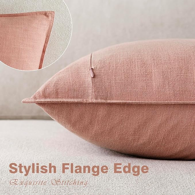 Foindtower Linen Solid Decorative Throw Pillow Covers 18x18 Inch Coral Pink | Pack of 2 Boho Farmhouse Neutral Pillowcase,Soft Euro Accent Cushion Covers,Home Decor for Bed Couch Sofa Bedroom Living Room