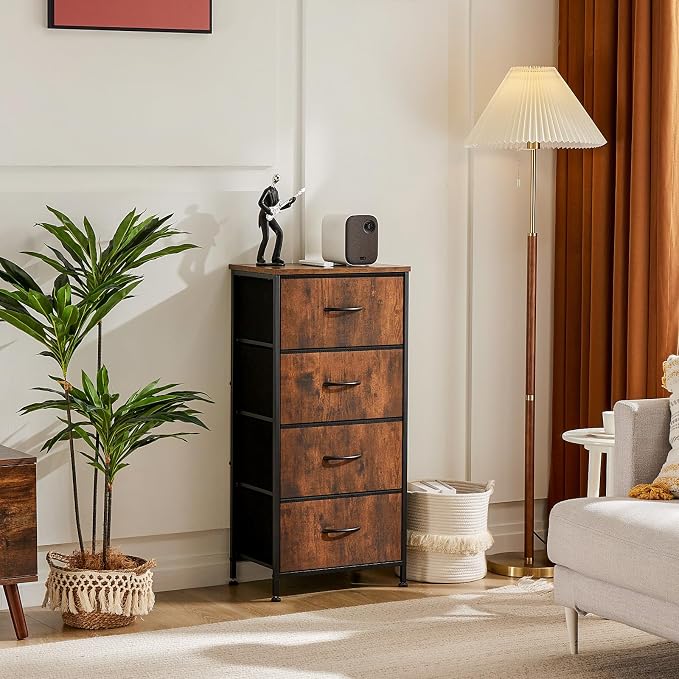 DUMOS Nightstand, Bedside Table with 4 Fabric Drawers | Night Stand with Removable Bins, Sturdy Steel Frame Wood Top, Organizer Furniture for Bedroom Closet, Living Room, Brown
