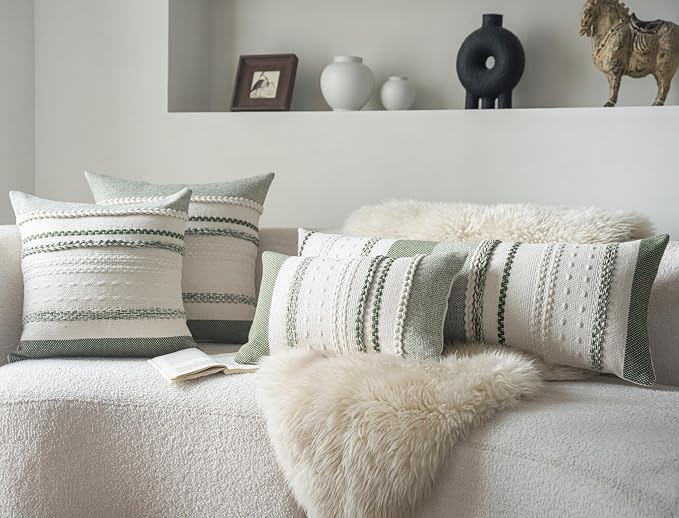 Cethom Boho Lumbar Pillow Covers 14x36 Inch Long, Green Textured Decorative Couch Pillow Cases for Farmhouse Home Decor, Accent Cushion Cover for Sofa, Bed, Living Room, Bedroom, Pack of 1