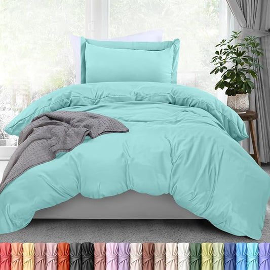 Duvet Cover Twin, 3 PC Cotton Like Polyester, Zipper Closure, Spa Blue | Extra Soft and Breathable, Wrinkle & Fade Resistant, Includes Duvet Cover and 1 Pillow Sham, Comforter Not Included, OekoTex