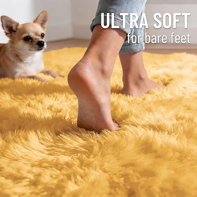 OLANLY 8x10 Machine Washable Large Area Rugs for Living Room, Bedroom, Soft Fluffy Shaggy Bedside Rug, Indoor Floor Carpet for Kids Girls and Boys, Dorms, Nursery, Home Decor Aesthetic, Mustard Yellow