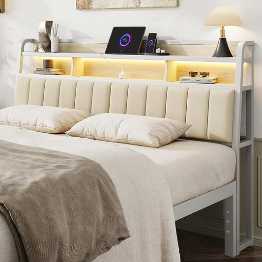 King Headboard Only with Storage, Charging Station, Off White | Upholstered Headboards for King Size Bed with LED Light, Height Adjustable, Sturdy and Stable Headboard