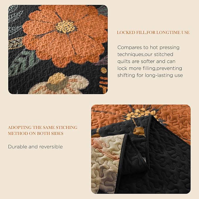 Quilt Queen Size, Black Floral Boho Summer Bedspread 3 Pieces | Brown Flower Botanical Summer Bedspreads with 2 Shams, Reversible Polyester Coverlet Set for All Seasons, 96"x90"