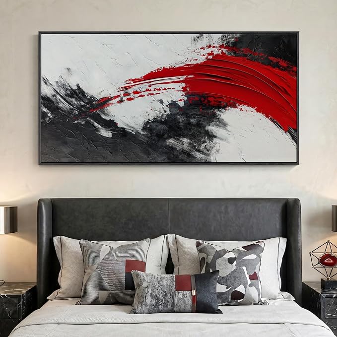 Extra Large Framed Red Black White Abstract Wall Art for Living Room, 60x30 | Modern black and white pictures, Canvas prints, Minimalist artwork for walls, Wall decor for bedroom dining office hallway