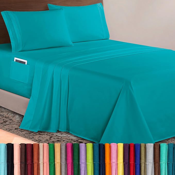 Elegant Comfort Luxurious 1500 Premium Hotel Quality Microfiber 4-Piece Sheet Set, 18-24 Inches Deep - Extra Deep Pocket Sheets - Ultra Soft 4PC Deep Pocket Sheets, Queen, Turquoise