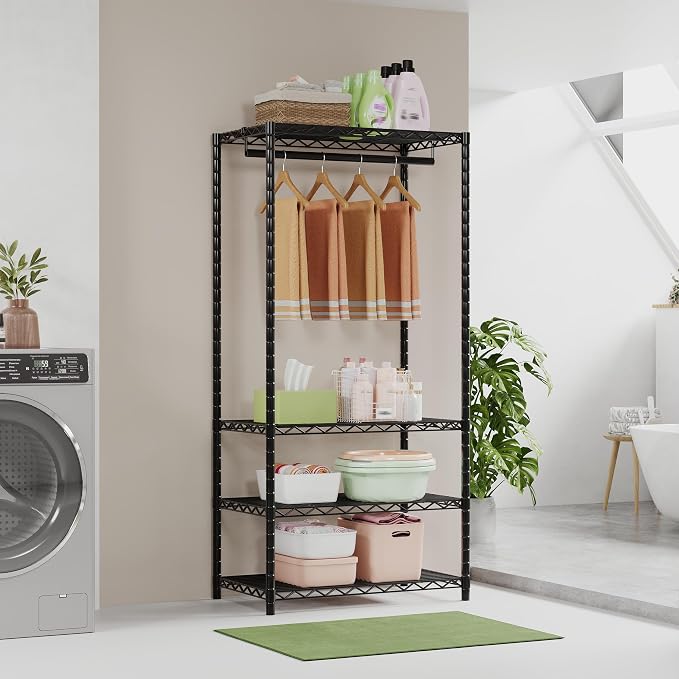 ecobedding Heavy Duty Garment Rack, 900LBS Max Load Freestanding Closet Organizer with 6 Storage Shelves & 3 Adjustable Hanging Rods, Multifunctional, Glossy Black, 15.75" D x 70-88.5" W x 76.5" H