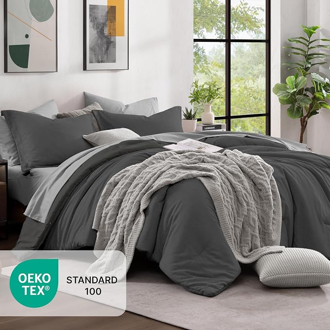 Monbix Oversized King Comforter Set 7 Pieces Dark Grey Bed in a Bag | Cationic Dyeing Reversible All Season Bedding Sets with Comforter, Sheets, Pillowcases & Shams