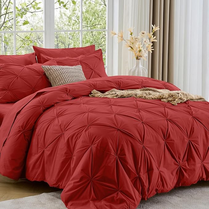 Sasttie Full Size Comforter Set, 7-Piece Bed in a Bag Double, Pintuck Bedding Set for All Season, Includes Comforter, Flat Sheet, Fitted Sheet, Pillowcases and Pillowshams, Red
