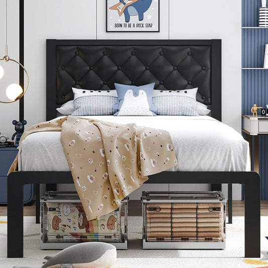 HISOFT Twin Bed Frame with Upholstered Button Tufted Headboard, Bed Frame Platform Metal Slats Support, Under Bed Storage, No Box Spring Needed, Noise-Free, Easy Assembly, Black