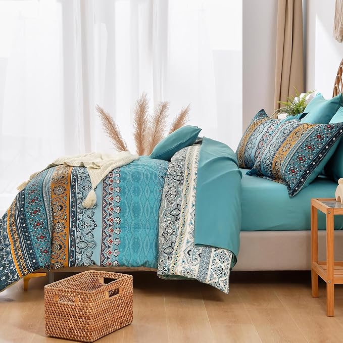 Cottolester Boho King Comforter Set 8 Pieces,Teal and Yellow Bohemian Comforter Paisley Striped Bed in A Bag,Soft Microfiber Bedding Set for All Season