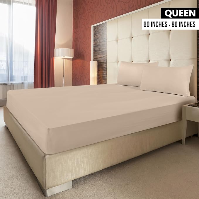 Pack of 2 Queen Fitted Sheet, Fits Up to 16 Inch Deep Pocket, Beige | Hotel Comfort, Cooling & Breathable Cotton like Polyester, Easy Fit, Wrinkle & Fade Resistant, Snug Fit, Easy Care, Oeko-Tex