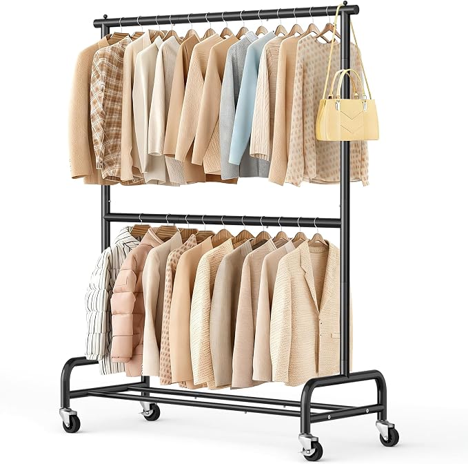 SLEEPING LAMB Heavy Duty Clothes Rack with Wheels, Metal Rolling Garment Rack for Hanging Coats, Shirts (Black)