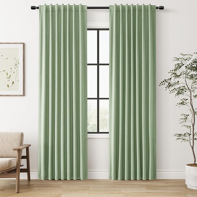 Blackout Curtains 80 Inch Length 2 Panels Set for Living Room Bedroom Back Tab Thermal Insulated 100% Black Out Linen Drapes Room Darkening Window Curtains 80 Inches Long,Light Sage