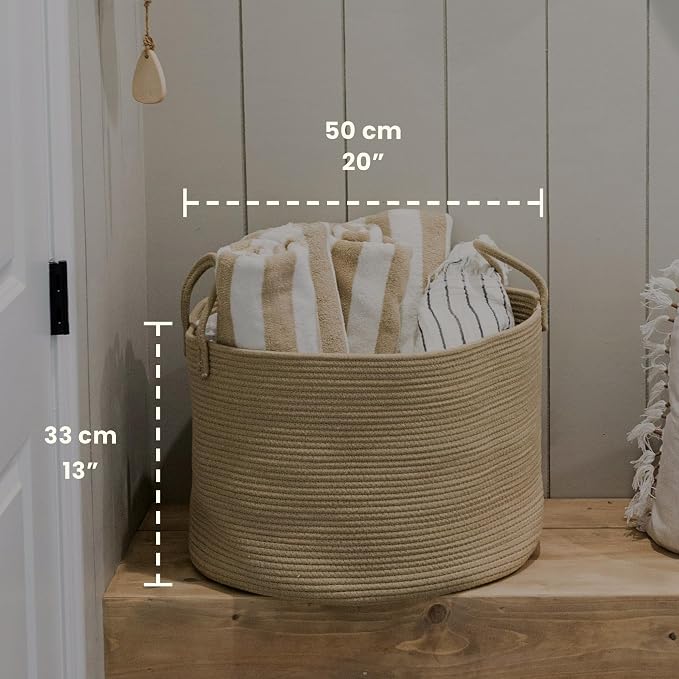 OrganiHaus Round Toy Basket & Blanket Basket, Cotton Rope 20x13" | Full Honey - Round Cotton Rope Basket, 20x13"