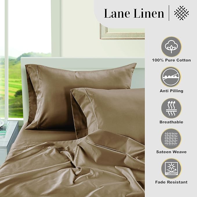 LANE LINEN 100% Egyptian Cotton Full Size Bed Sheets, Machine Washable Naturally Temperature regulating Sustaibable No Pill Fade Resistant Full Size Sheets Set Cotton- Hazelwood
