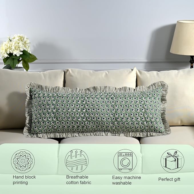 Ridhi Block Print Basil Green Ruffle Lumbar Pillow Shams, 36" x 14" | 100% cotton, Floral Pillowcase, Cushion Cover, Hidden Zipper, Cottagecore Bedding, farmhouse boho style, fits couch, sofa,Bed