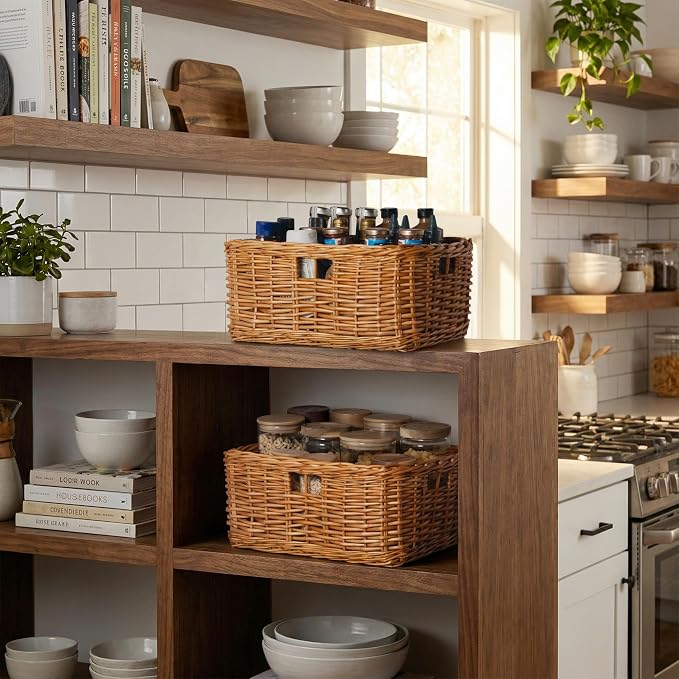 StorageWorks Pantry Baskets, Willow Storage Baskets for Organizing, Shelves, Pantry Organizers and Storage, Brown, 15" L x 11" W x 6 ¾"H