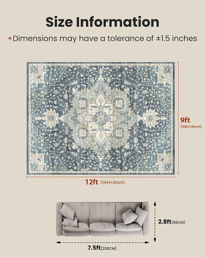 AMADA HOMEFURNISHING 9x12 Washable Area Rug, Low-Profile Large Area Rug with Non-Slip Backing & Durable Edge Binding, Vintage Large Rugs for Living Room, Bedroom & Dining Room