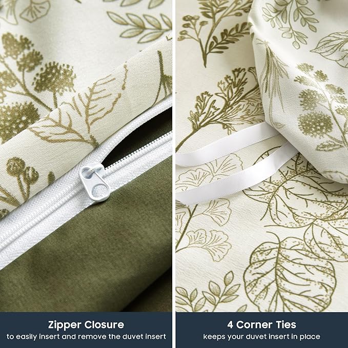 Wake In Cloud - Floral Duvet Cover Set, Botanical Vintage Flower Coquette Cottagecore Aesthetic for Women Teen Girls, Soft Lightweight Bedding, 3-Piece, Olive Green, King Size