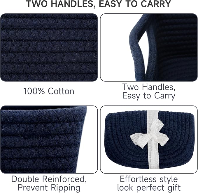 3 Pack Small Storage Baskets for Organizing, 11.8×7.8×5.1", Navy Blue | Woven Baskets for shelves, Cotton Rope Basket for Gifts Empty, Closet Organizer Bins with Handles, Cube Decorative Box