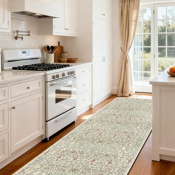 Washable 2' x 6' Runners for Hallways, Non Slip Long Floor Runner for Kitchen, Entryway Indoor, Stain Resistant Rubber Backing Floral Decor Rug (Light Green)