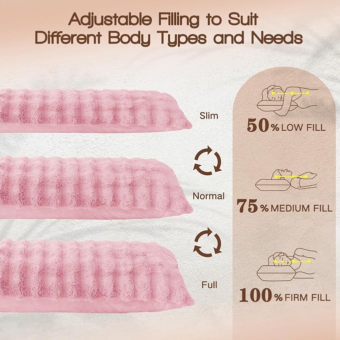 YZ HOME Faux Fur Fluffy Body Pillow for Adults, Soft Support | Firm Body Pillow, Adjustable Support for Side Sleeping, Pregnant Women, Washable cover,Gifts, 20x54 Inch (Pink)