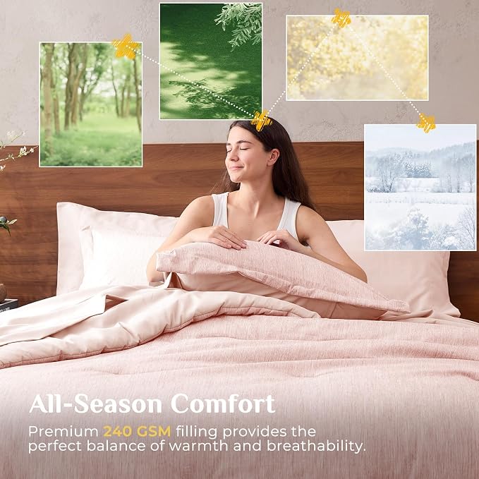 JOLLYVOGUE Pink Queen Comforter Set, Cationic Dyeing Bed in a Bag Queen 7 Pieces, Double-Tone Bedding Set with Down Alternative Comforter, Sheets, Pillowcases & Shams