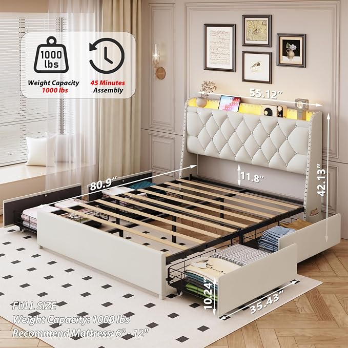 TIGUBFRE Full Size Bed Frame with 4 Drawers and Storage Headboard, Upholstered Tufted Wingback Bed Frame with LED Lights and Charging Station, No Box Spring Needed, Easy Assembly, Noise Free, Beige