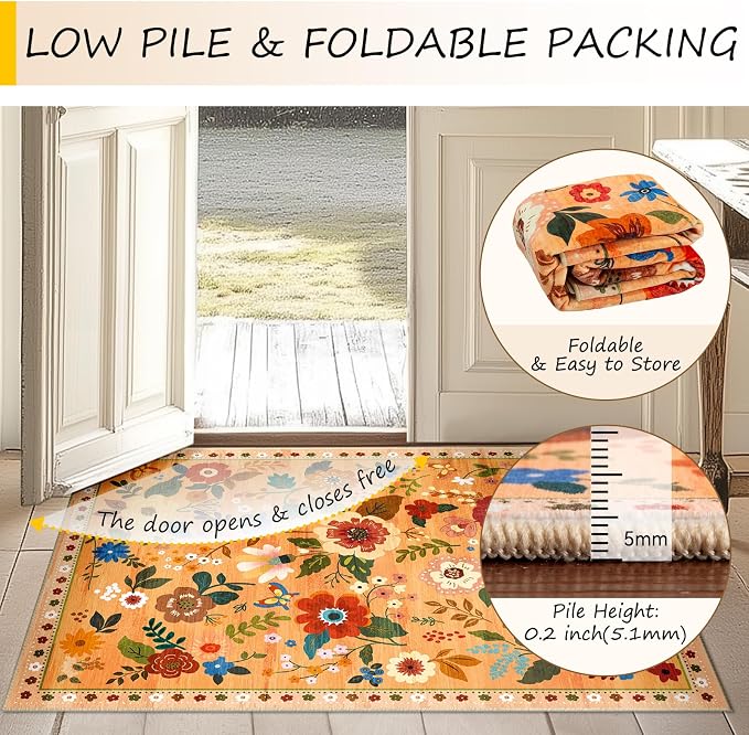 RELEANY Floral Washable 3x5 Area Rugs Orange/Yellow/Red | Flower Carpet, Print, Boho, Non-Slip, Easy to Clean, Soft, Low Pile for Living Room Bedroom Kitchen Office Entryway Hallway