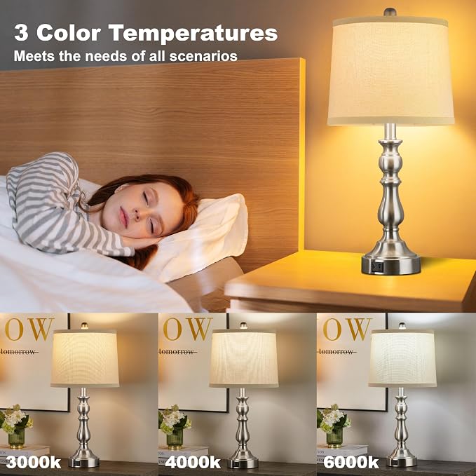 23'' Table Lamps Set of 2, Lamps for Bedroom, USB C+A Ports, Silver | Bedside Lamps with 3 Color Temperatures, Knob Switch, Lamps for Living Room, Office, Night Stands, End Table, Bulbs Included