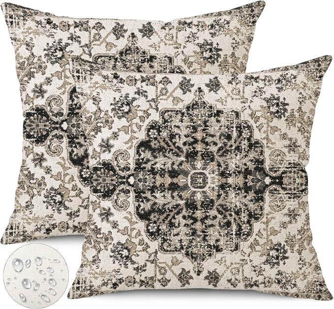 Outdoor Waterproof Pillow Covers 16X16 Inch Set of 2 - Bohemian Vintage Carpet Pattern Black Grey Ethnic Design Decorative Farmhouse for Couch Garden Balcony