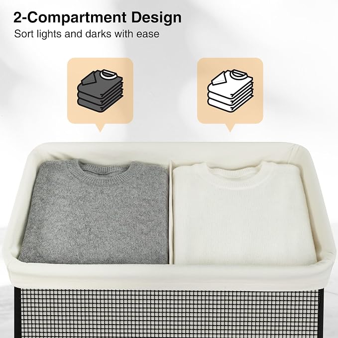 STO STO 2 Section Laundry Hamper with Lid, 140L Steel-Frame Double Laundry Hamper with Removable Washable Liner, Breathable Large Laundry Basket for Bedroom, Bathroom, Laundry Room, Dorm, Closet