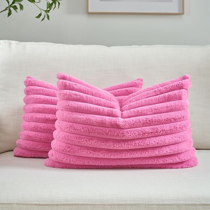 FUTEI Pack of 2 Faux Fur Throw Pillow Covers 12x20 Inch, Hot Pink | Fluffy Faux Rabbit Fur Front/Premium Velvet Back,Hidden Zipper,Machine Washable,Non-Shedding,Colorfast,Insert Not Included.