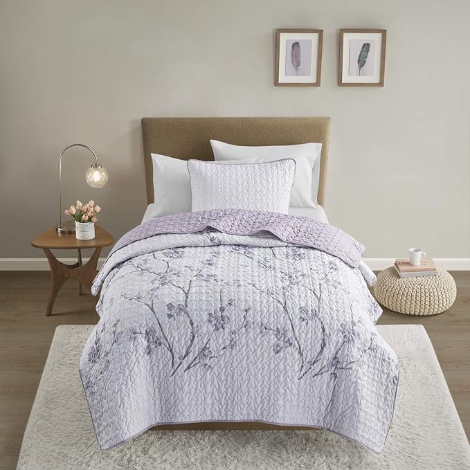 Comfort Spaces Bedspread Coverlet Set, Twin/Twin XL, 2 Piece, Grey/Purple | All Season, Microfiber, Classic Layered Look for Any Bed, Floral Pattern, Reversible, Lightweight, OEKO-TEX Certified